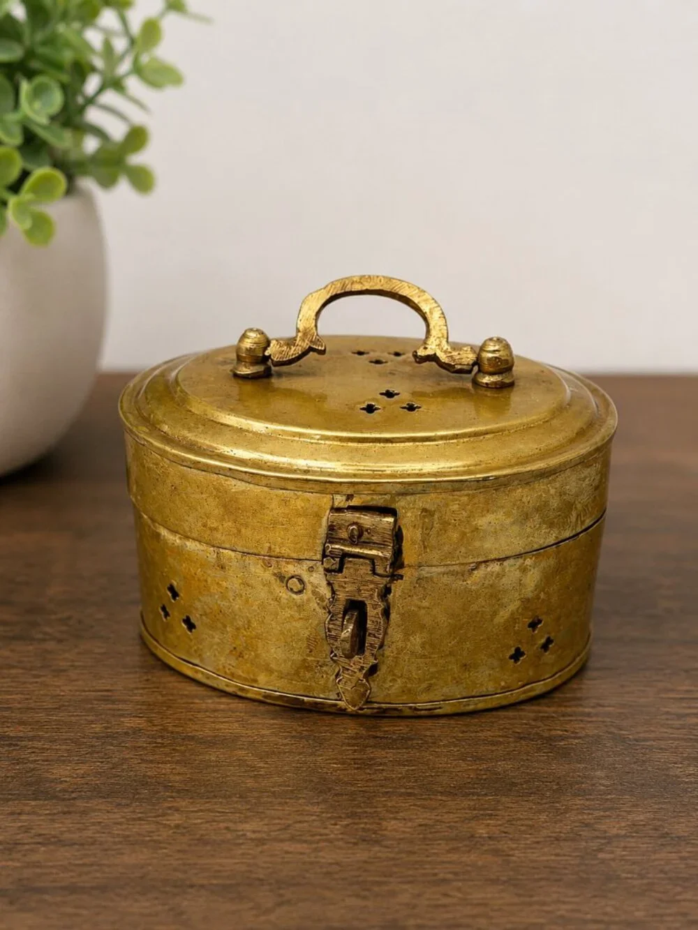 Vintage Brass Trinket Box Pierced Lidded Hinged Indian Betel Spice Box